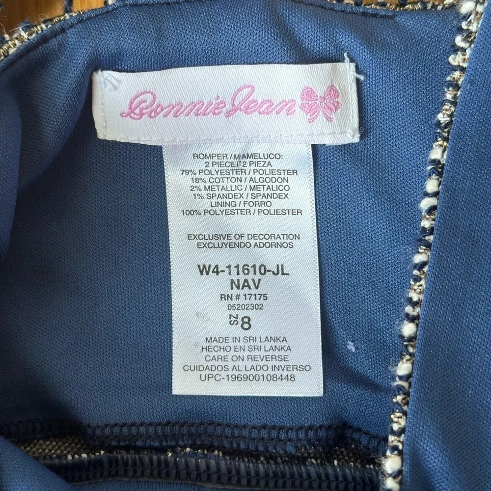 Bonnie Jean Girls Boucle Romper Dress Front Buttons Navy/white Size 8